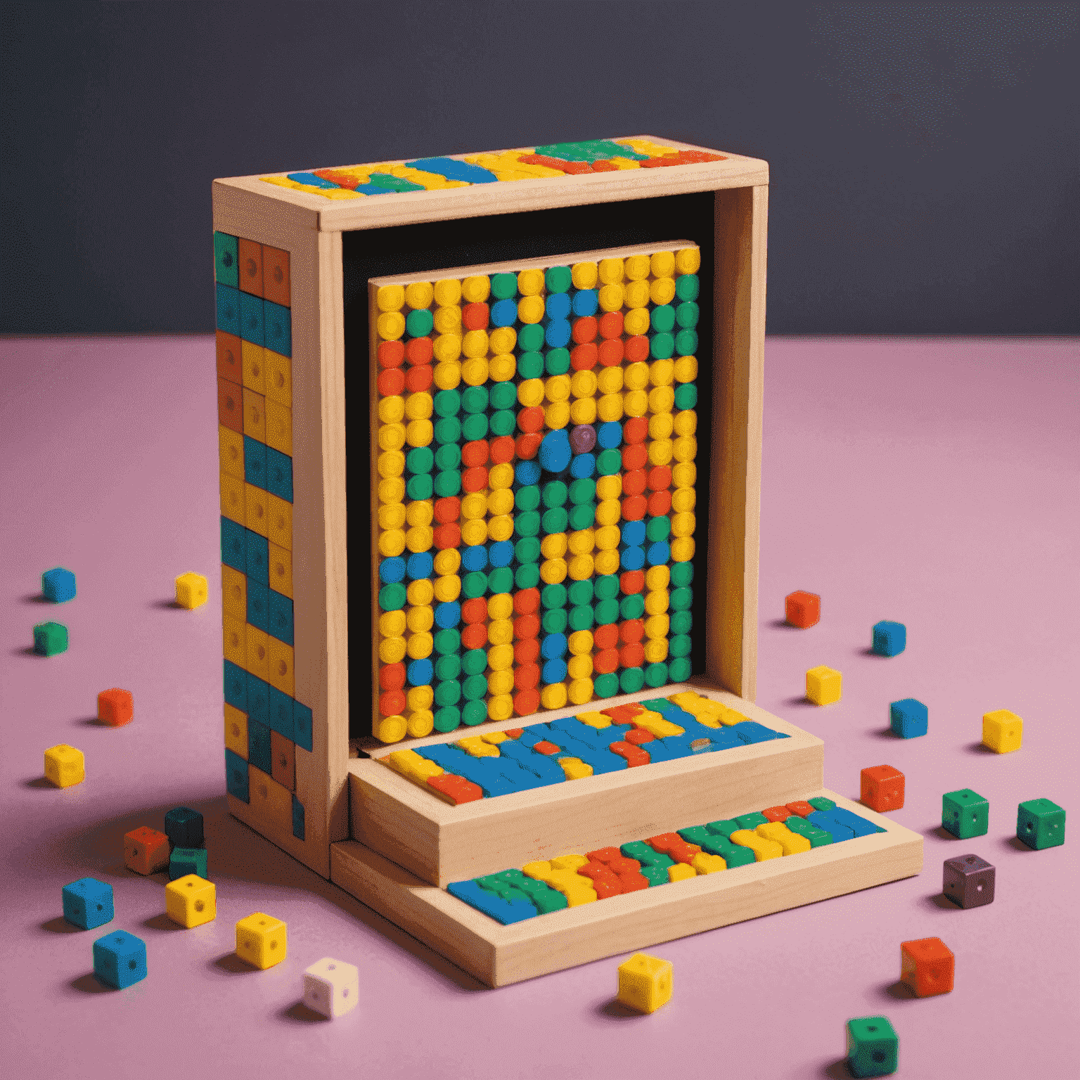 Imagen pixelada de un juego Plinko en miniatura dentro de una caja de regalo colorida. El juego muestra una tabla vertical con clavijas y una bola cayendo, todo en un estilo de 8 bits.