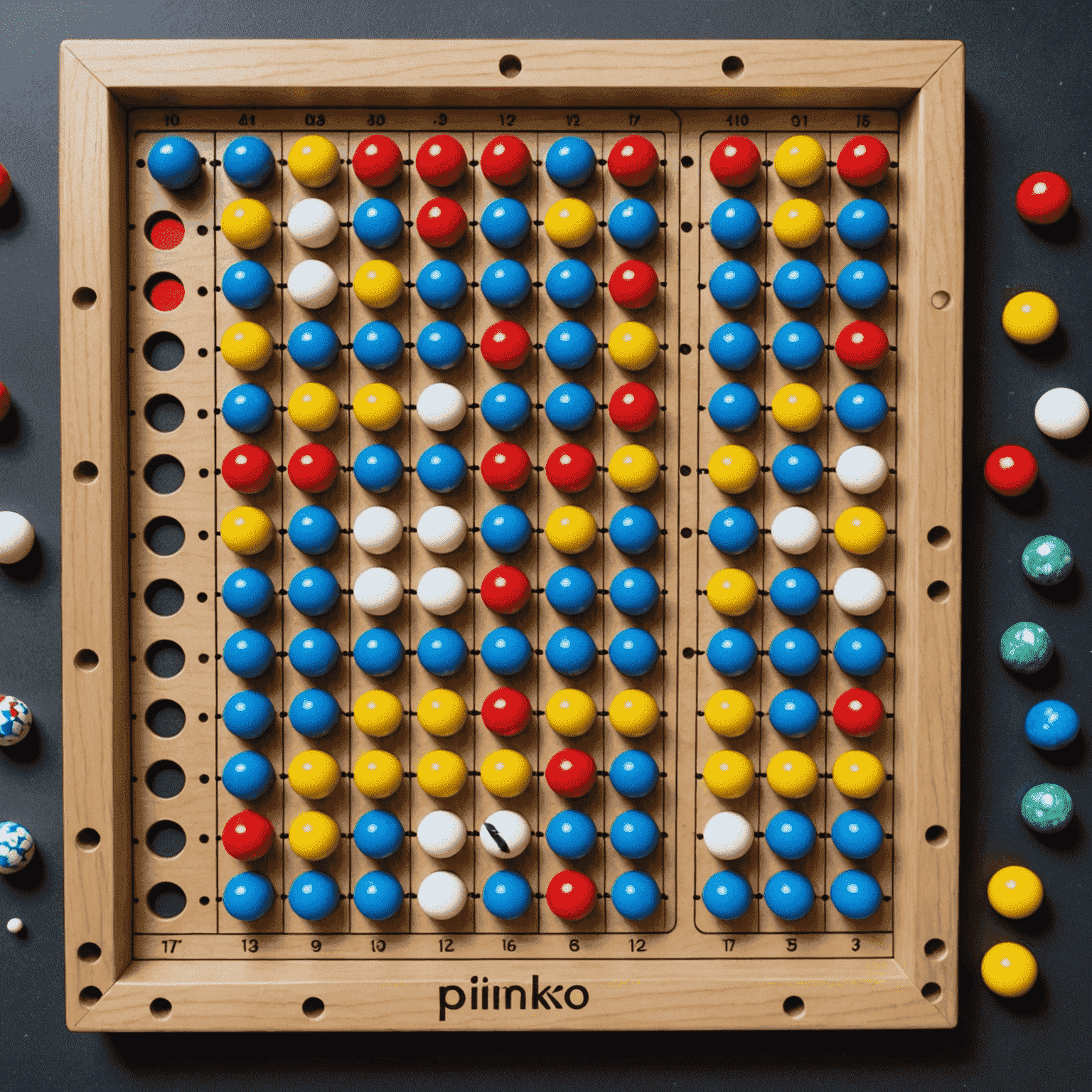 Un tablero de Bouncify con pines y canicas, mostrando el diseño intrincado del juego Plinko en miniatura