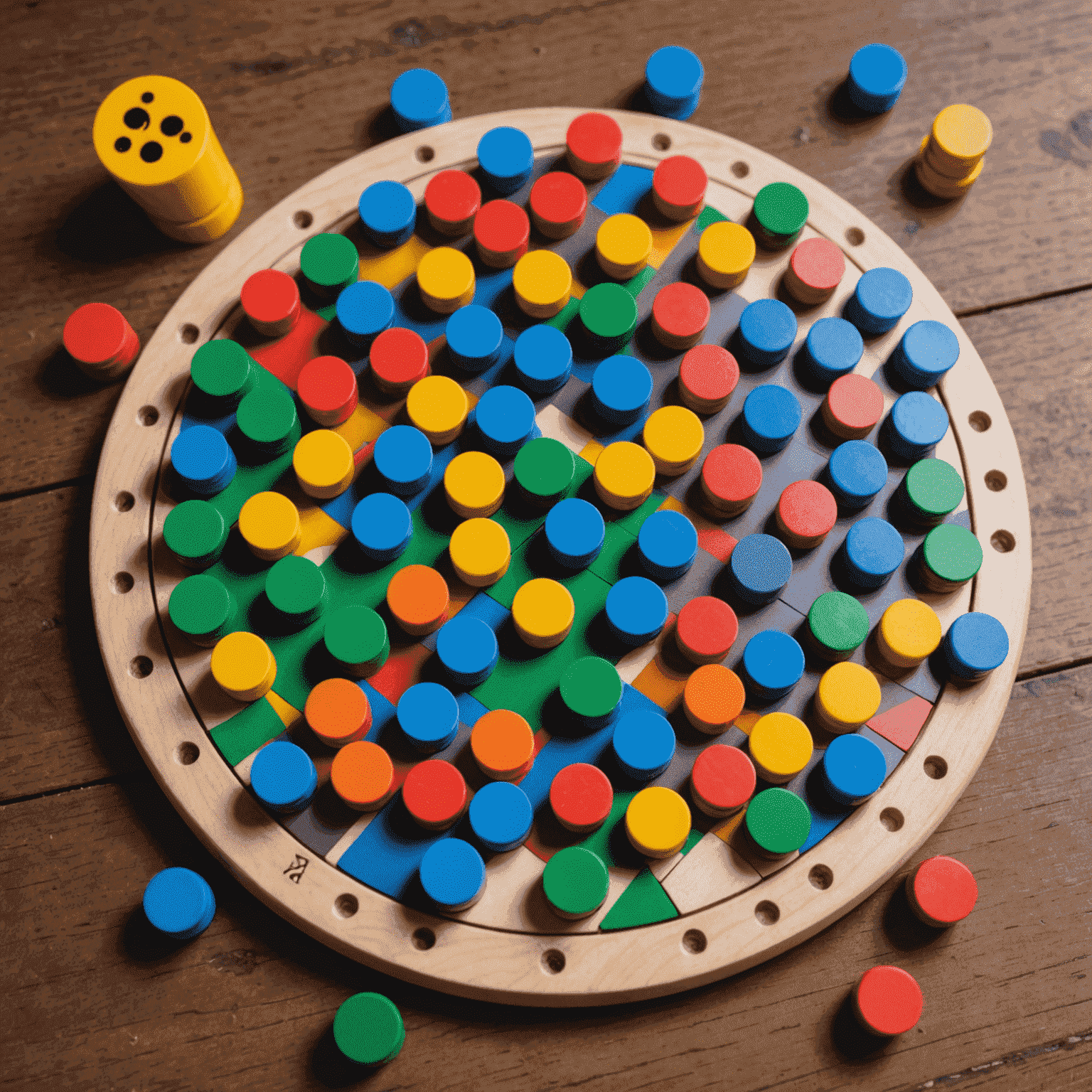 Imagen pixelada de un tablero de Bouncify con fichas cayendo a través de clavijas, mostrando trayectorias coloridas y puntuaciones en la parte inferior