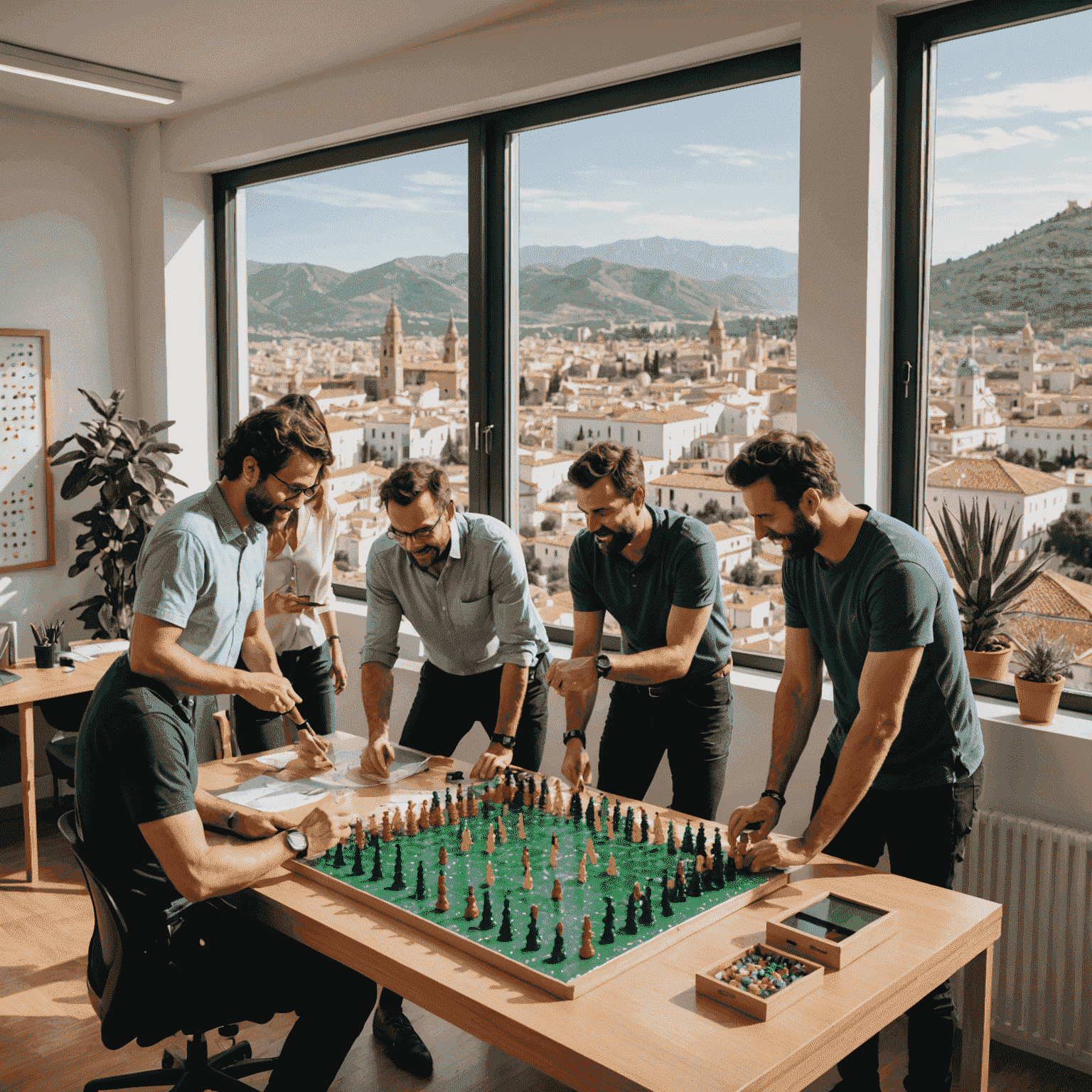 Oficina de Bouncify en España, mostrando un equipo diverso trabajando en diseños de Plinko en miniatura. La oficina tiene decoración inspirada en juegos retro y una gran ventana con vista a un paisaje español.