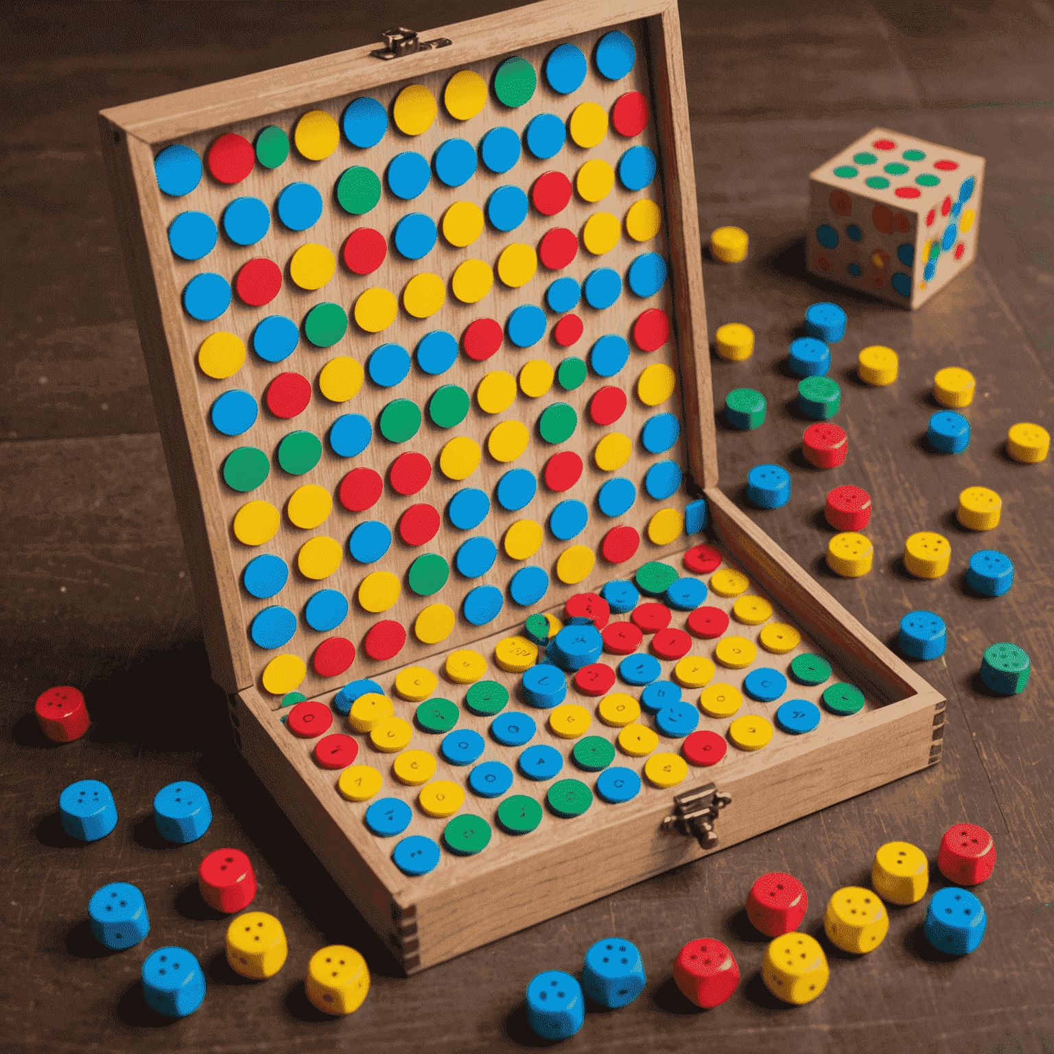 Caja de regalo de Bouncify abierta, mostrando el juego de Plinko en miniatura con fichas de colores brillantes y una tabla de juego pixelada