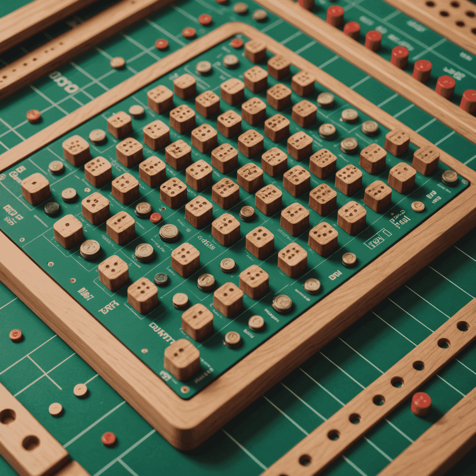 Primer plano pixelado del tablero de Bouncify, mostrando el detalle de las clavijas y los canales por donde caen las fichas