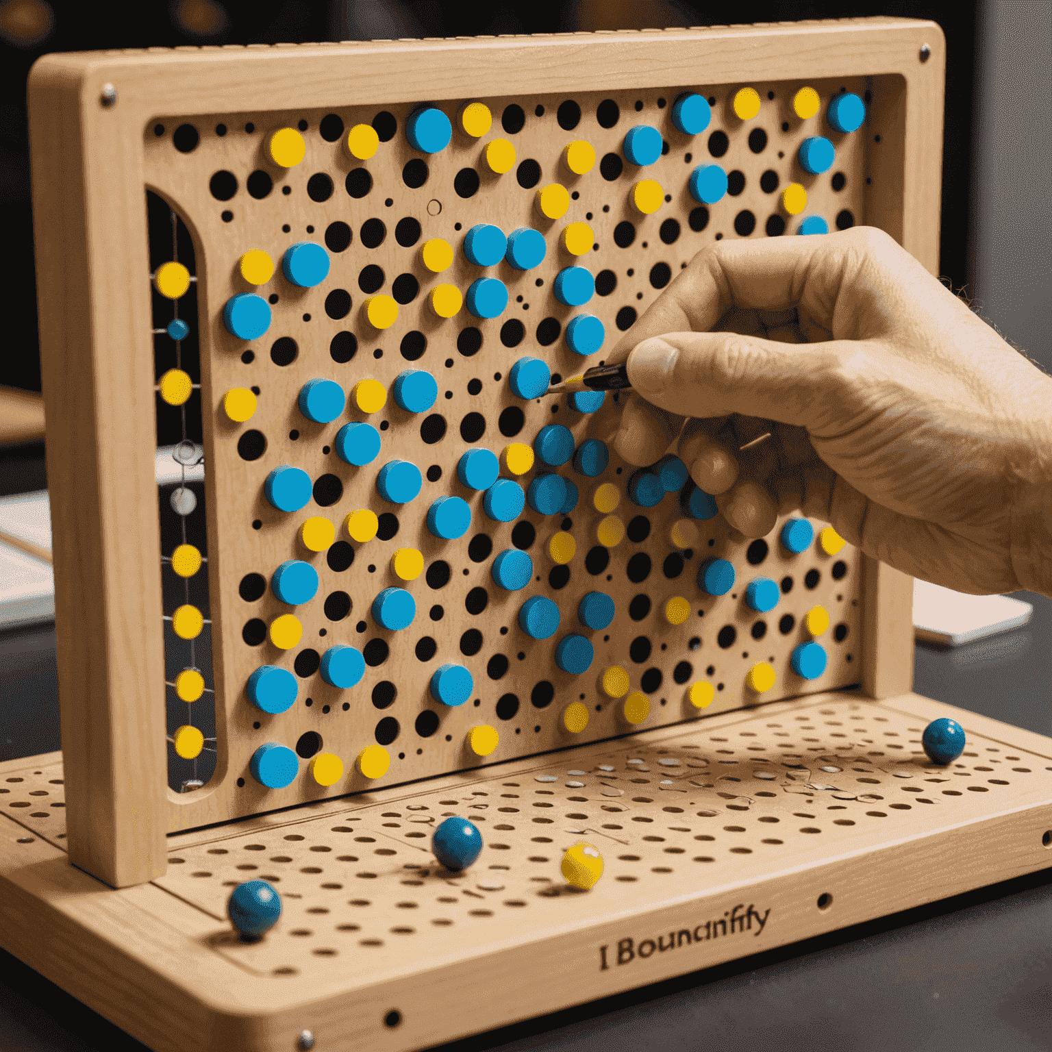 Primer plano de un prototipo de Bouncify, mostrando los detalles intrincados del tablero Plinko en miniatura. Se ven manos trabajando en los componentes pequeños.
