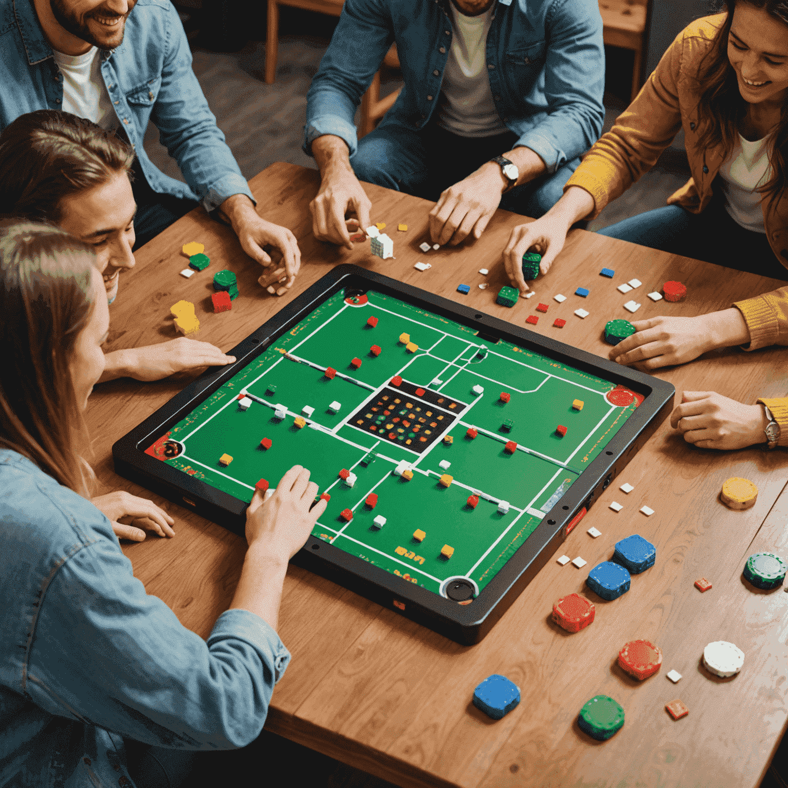 Grupo de amigos jugando Bouncify en una mesa, riendo y disfrutando del juego con fichas cayendo en el tablero pixelado
