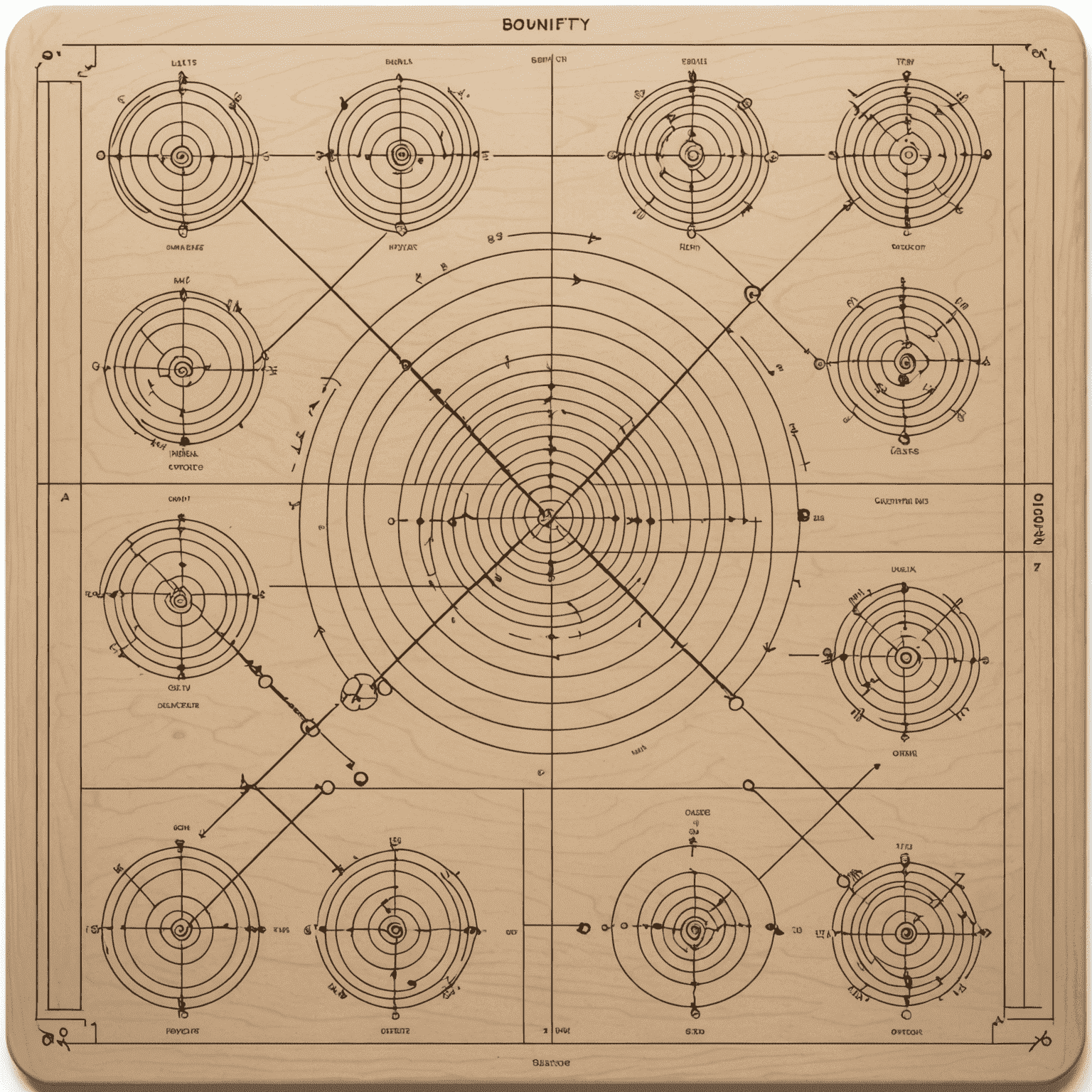 Diagrama de un tablero de Bouncify mostrando diferentes patrones de clavijas y posibles trayectorias de las fichas