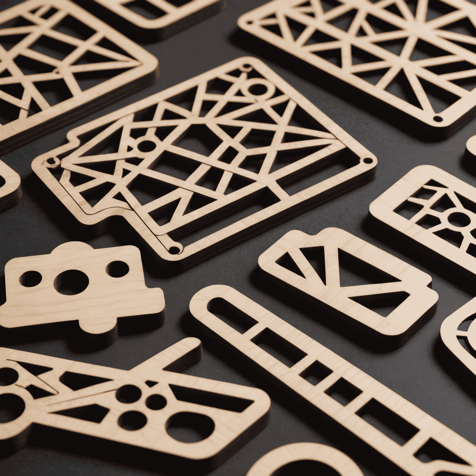 Primer plano de piezas de madera cortadas con láser para Bouncify, mostrando la precisión y calidad del material