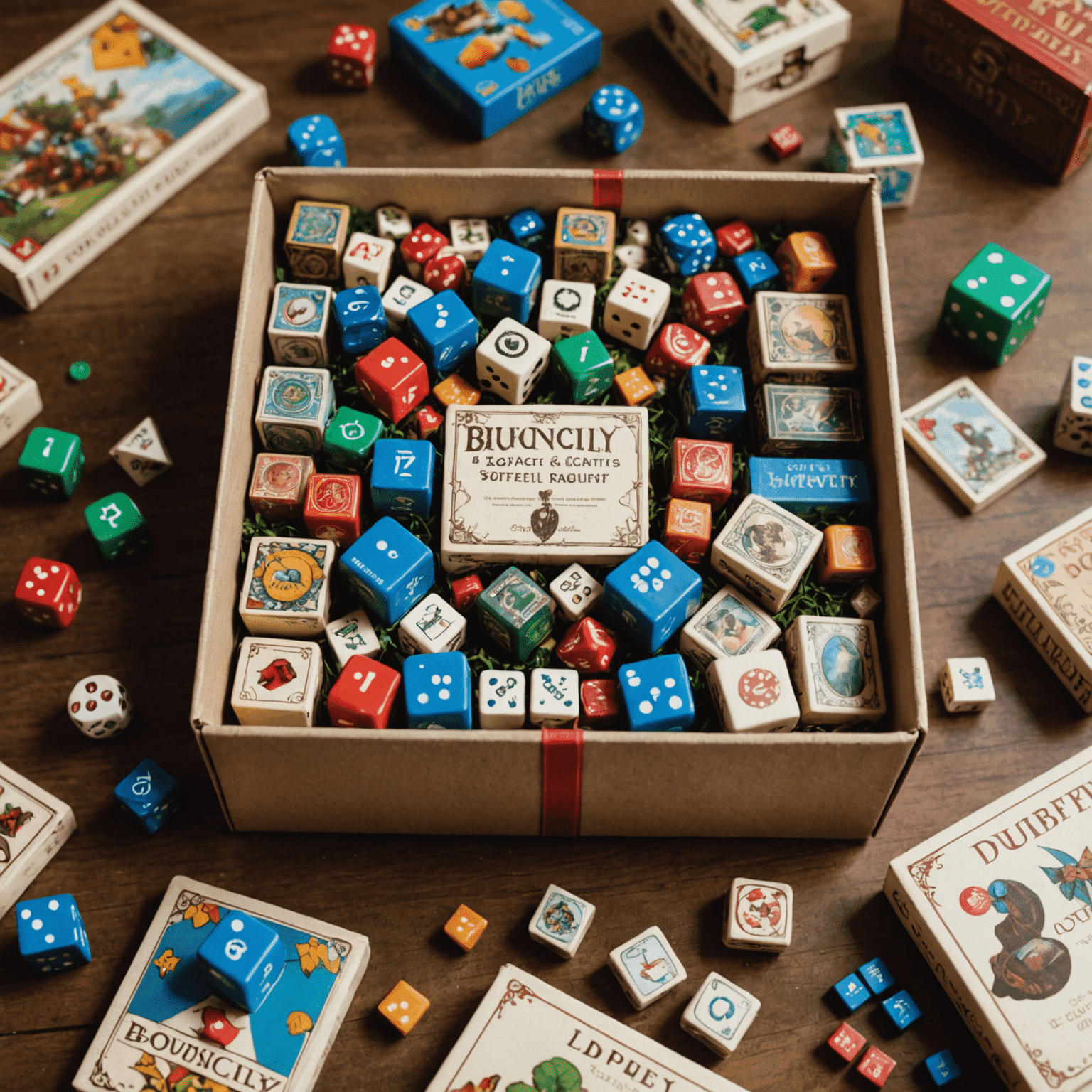 Bouncify envuelto como regalo, rodeado de otros juegos de mesa en miniatura