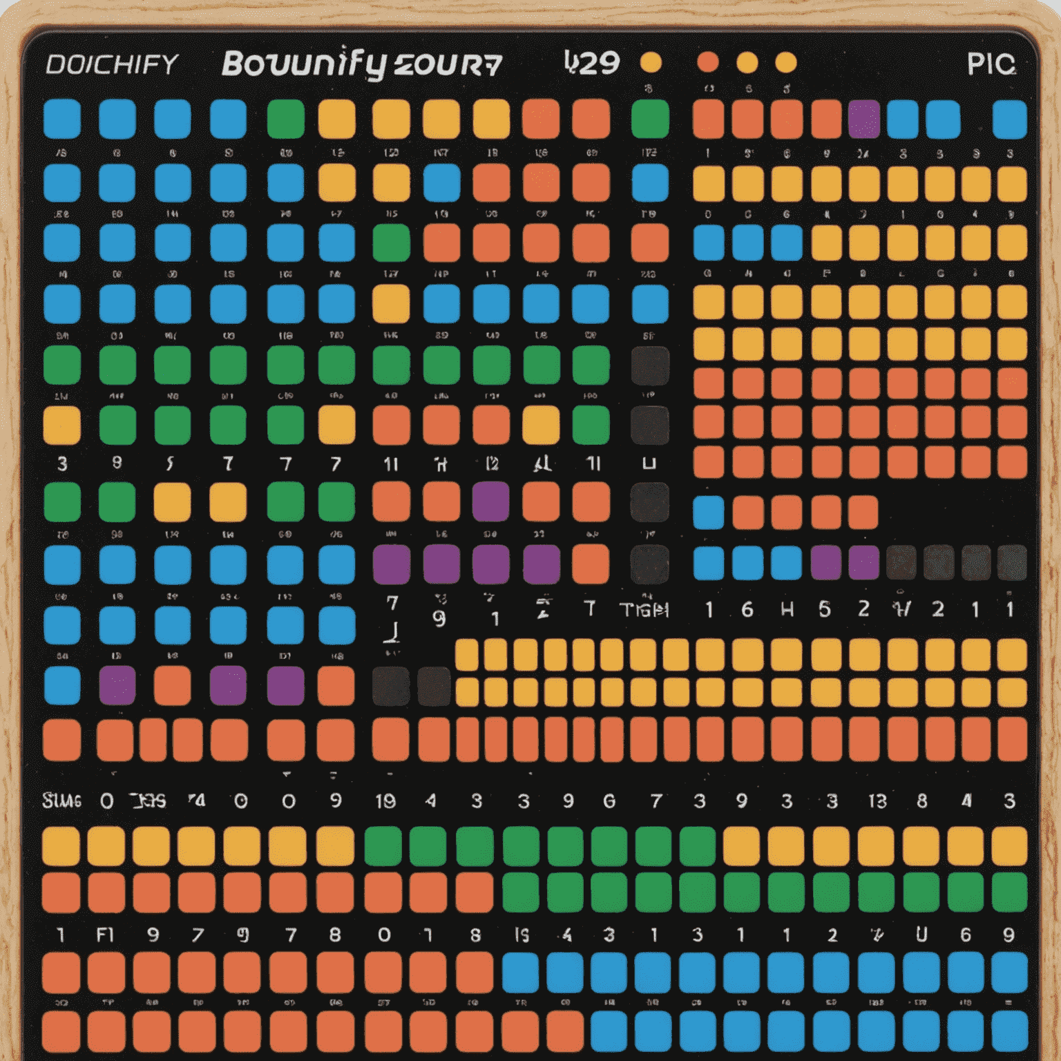 Imagen pixelada de la parte inferior del tablero de Bouncify, mostrando las diferentes zonas de puntuación con colores brillantes y números de puntos