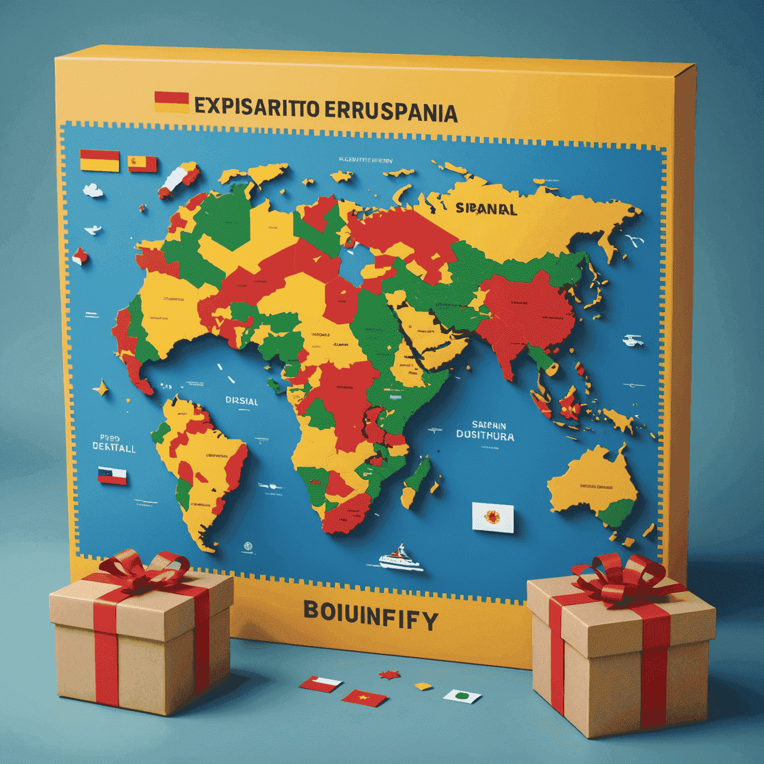 Mapa mundial pixelado mostrando la expansión de Bouncify desde España a diferentes países, con iconos de cajas de regalo marcando los puntos de distribución.