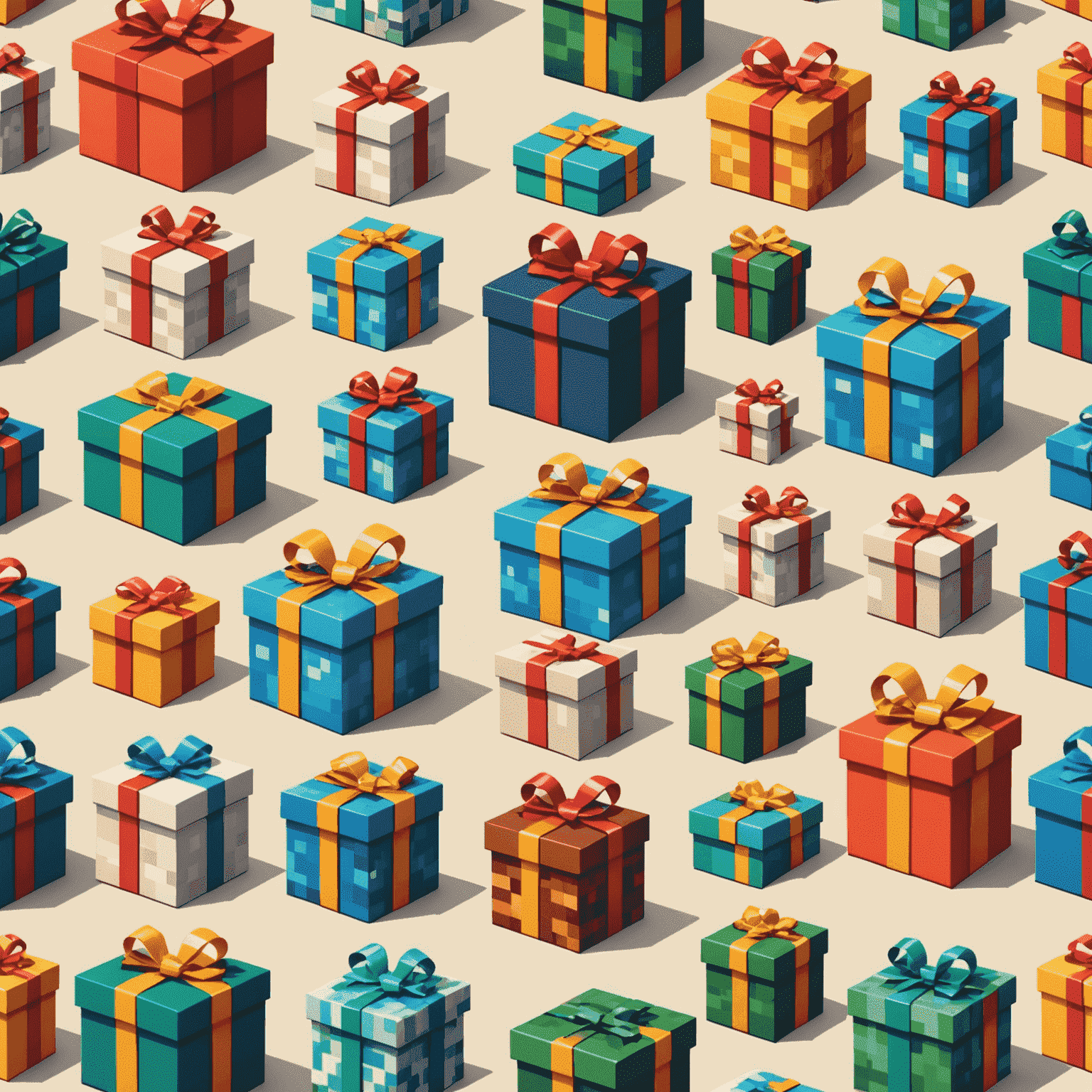 Varias cajas de regalo de Bouncify con diferentes diseños temáticos pixelados, mostrando la variedad de opciones disponibles