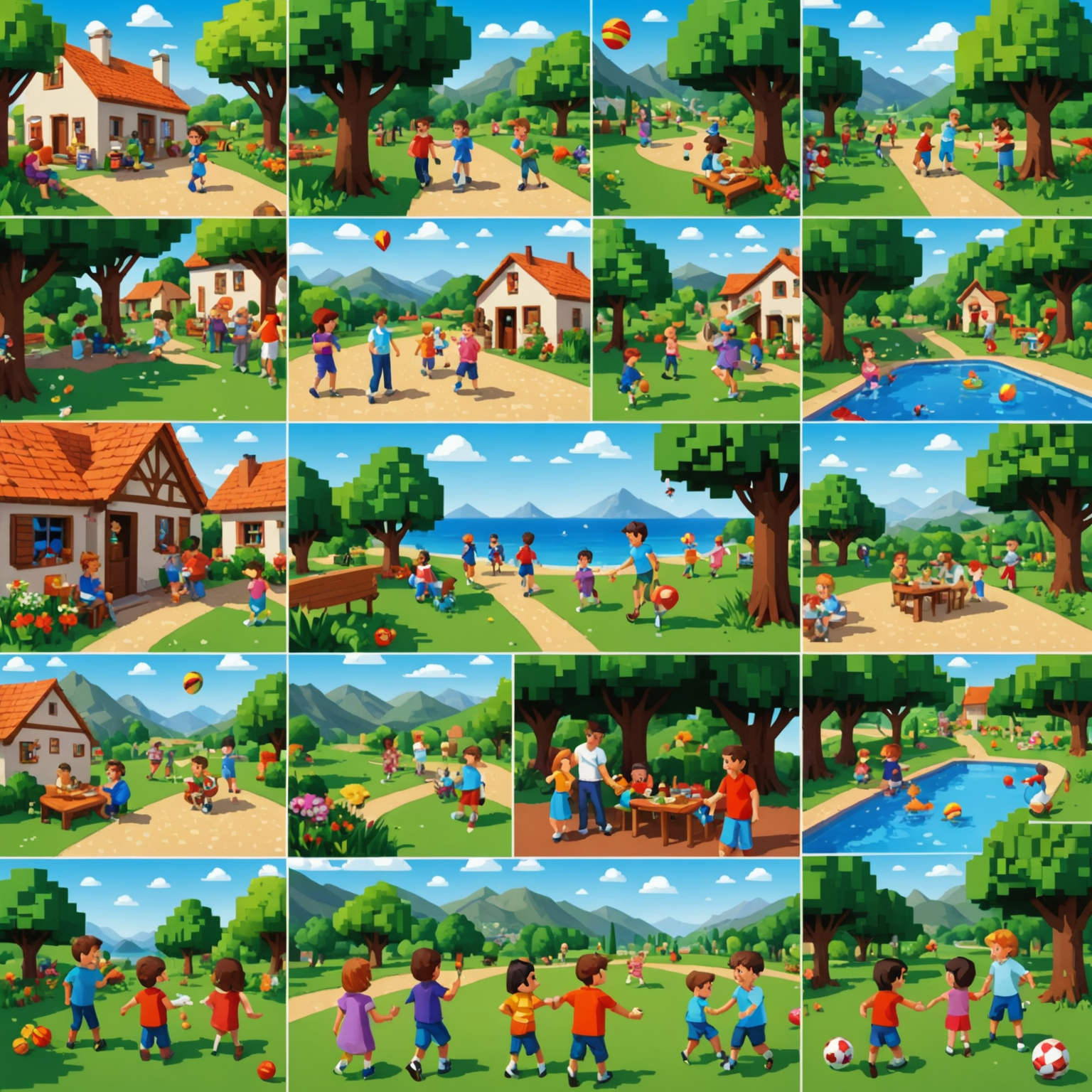 Collage pixelado mostrando diferentes versiones y ediciones especiales de Bouncify, incluyendo temas españoles y internacionales. Se ven familias y amigos disfrutando del juego en diversos escenarios.